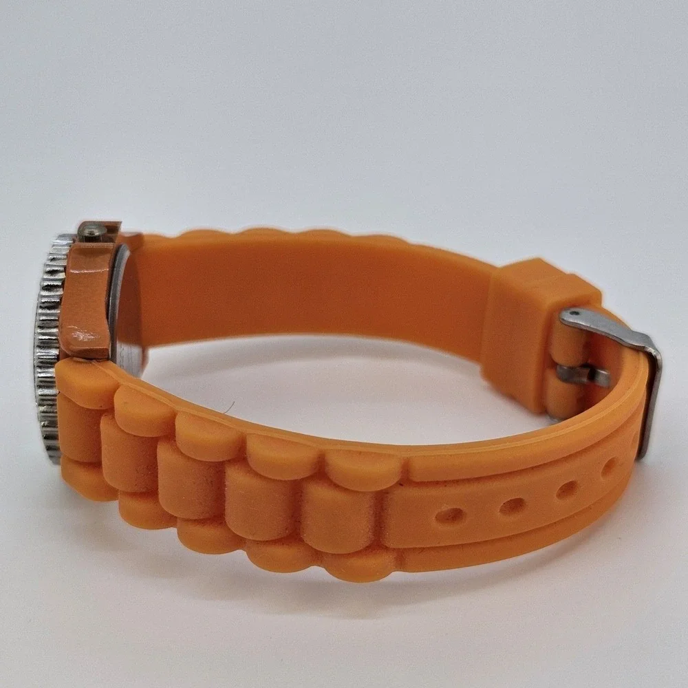 30MM Watch Women Orange Dial Crystal Bezel‎ Orange Plastic Bands New Battery
